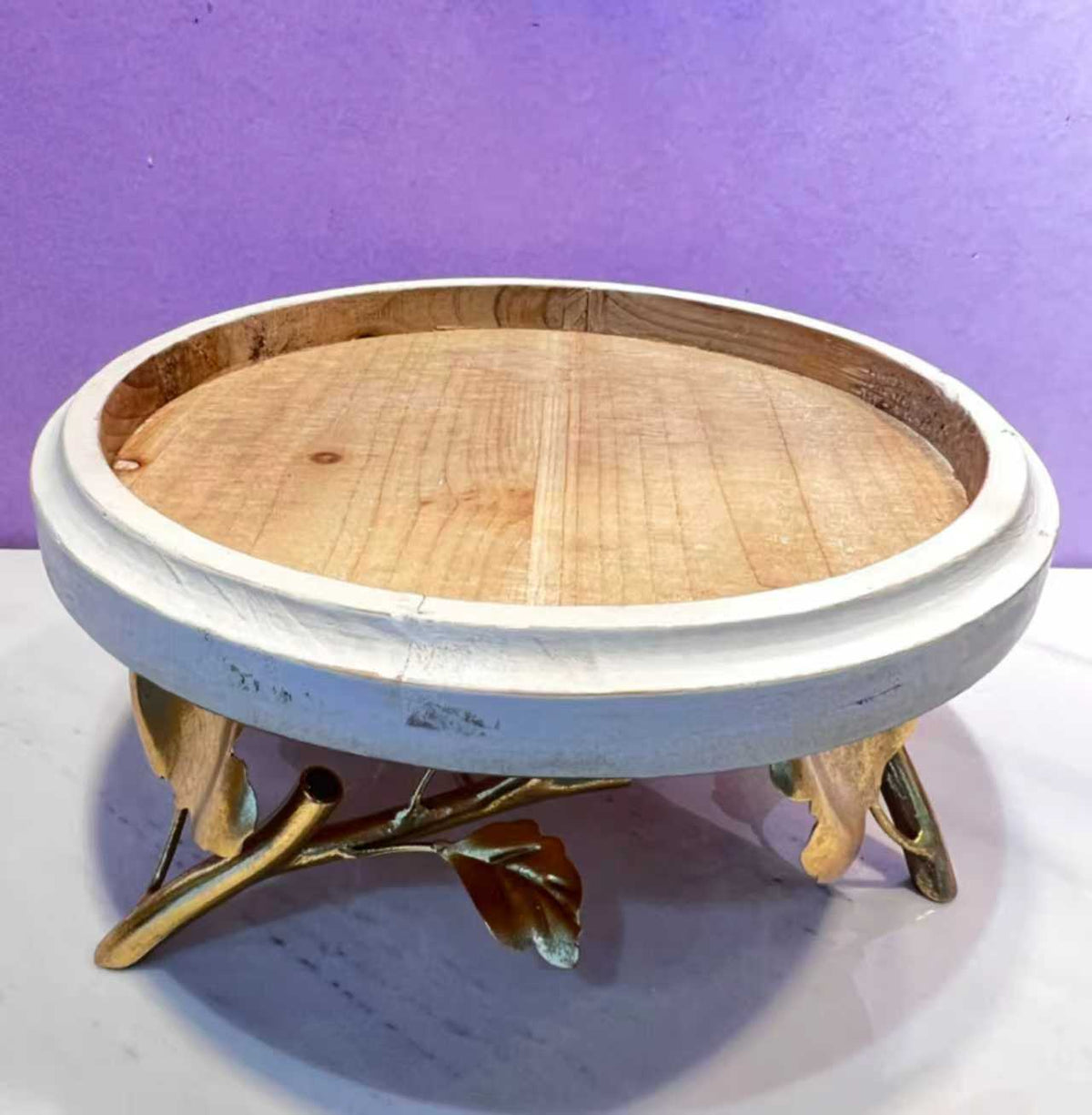Round Wood & Botanical Serving Stand