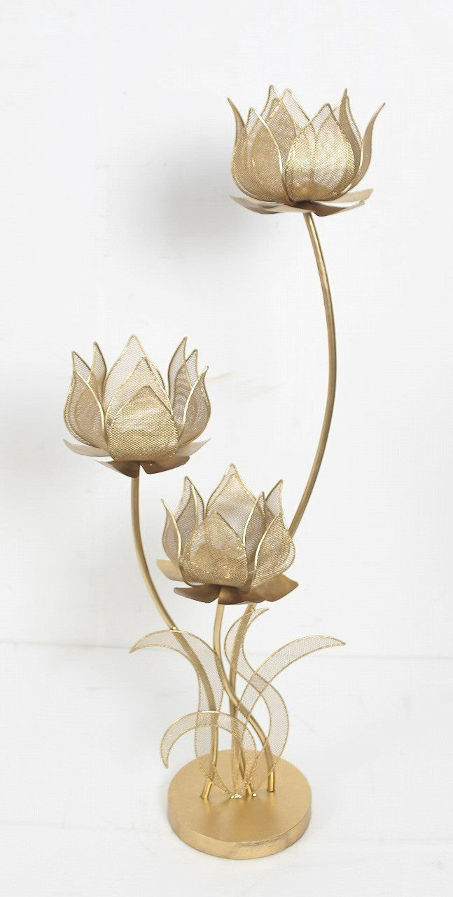 Three Lotus Gold Candle Holder - Curved Stem