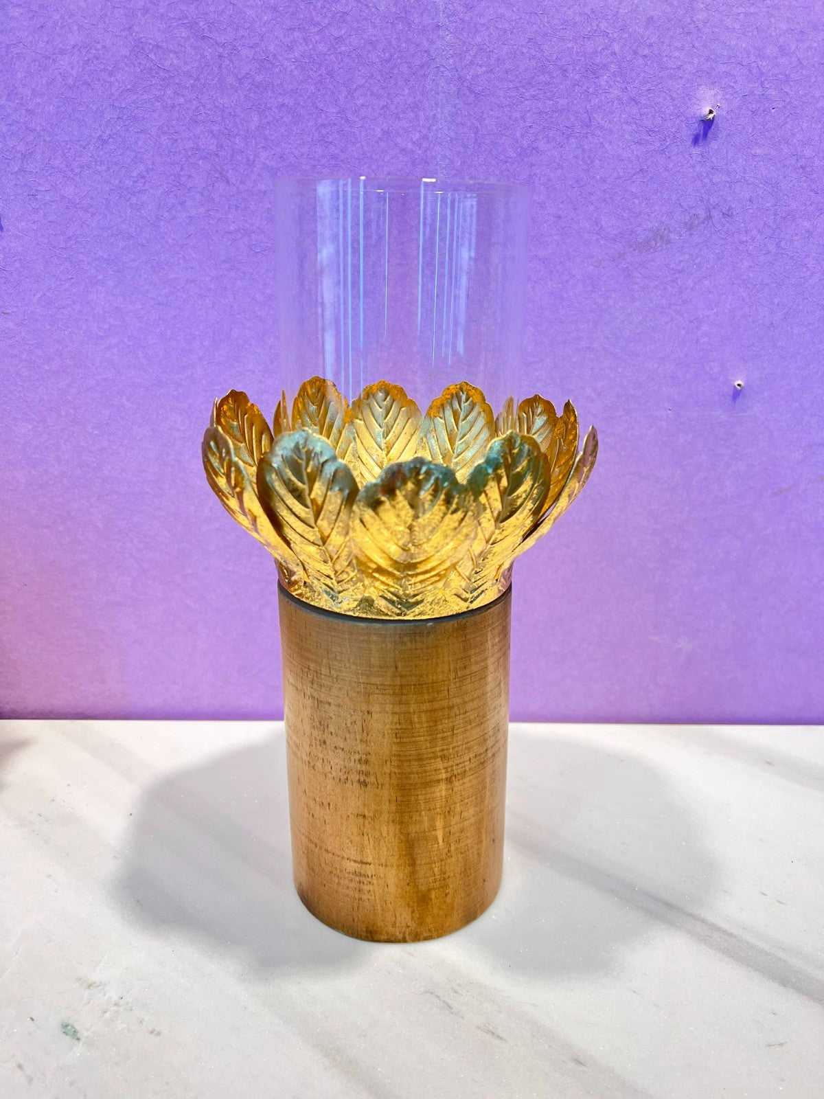 Gold Botanical Glass Hurricane Candle Holder