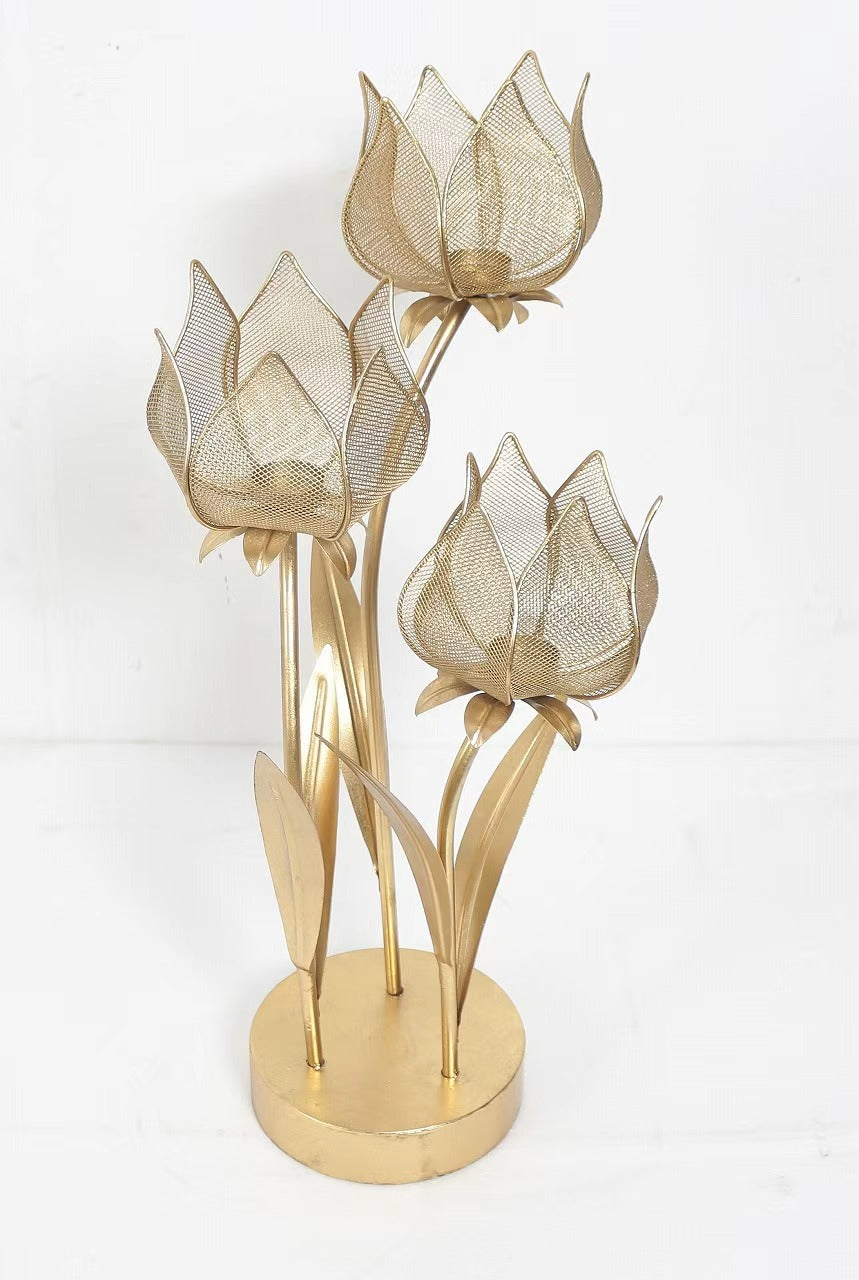 Three Lotus Gold Candle Holder - Sculptural